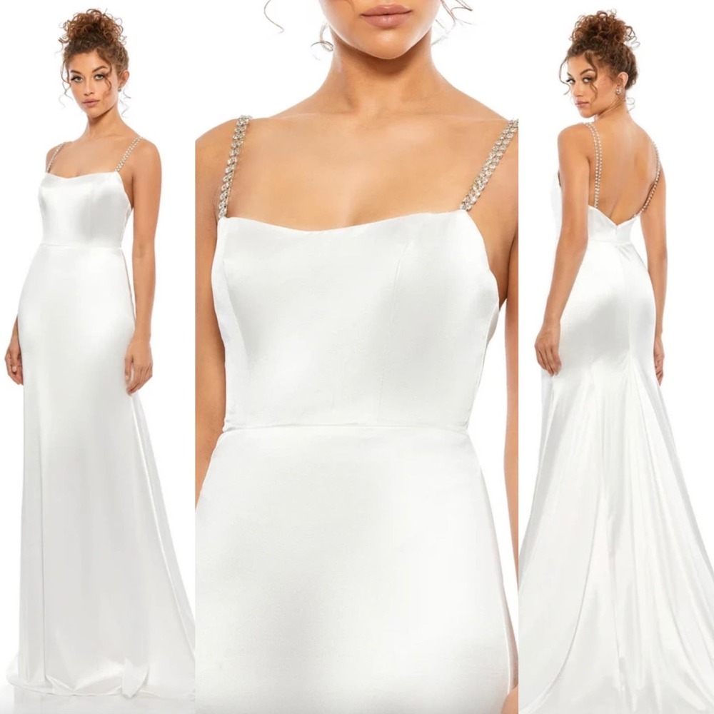 Mac Duggal Charmeuse Satin Rhinestone Strap Trumpet Gown In White 12428 0 New